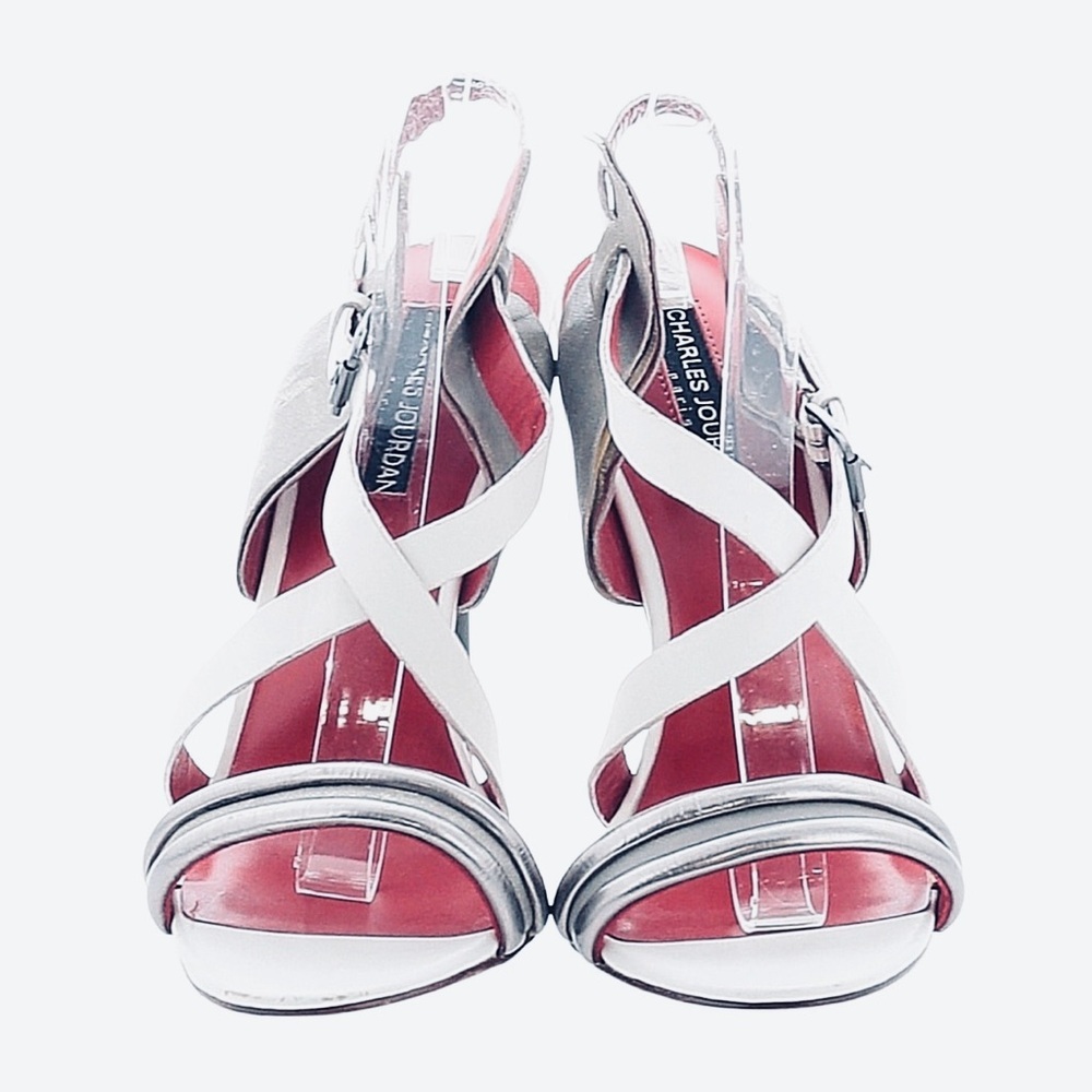 CHARLES JOURDAN ~ Silver/Gray White Crisscross Stiletto Heels w/Red Footbed